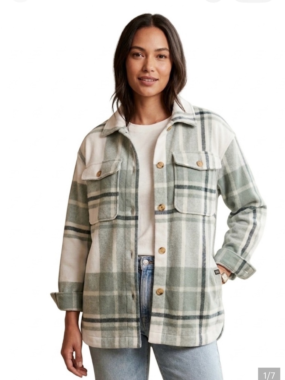 Banana republic green white plaid flannel shacket shirt jacket button down